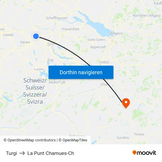Turgi to La Punt Chamues-Ch map