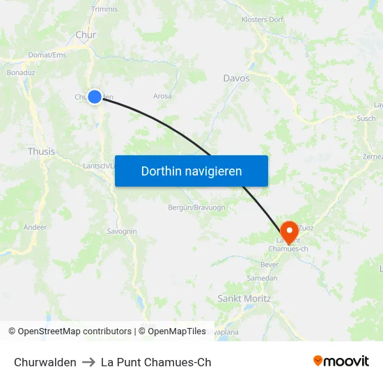 Churwalden to La Punt Chamues-Ch map