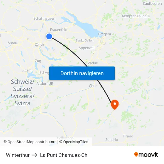 Winterthur to La Punt Chamues-Ch map