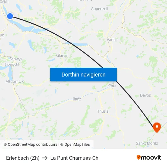 Erlenbach (Zh) to La Punt Chamues-Ch map