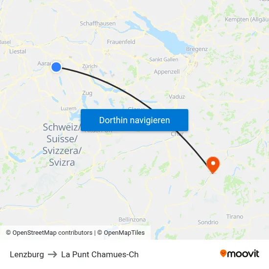 Lenzburg to La Punt Chamues-Ch map