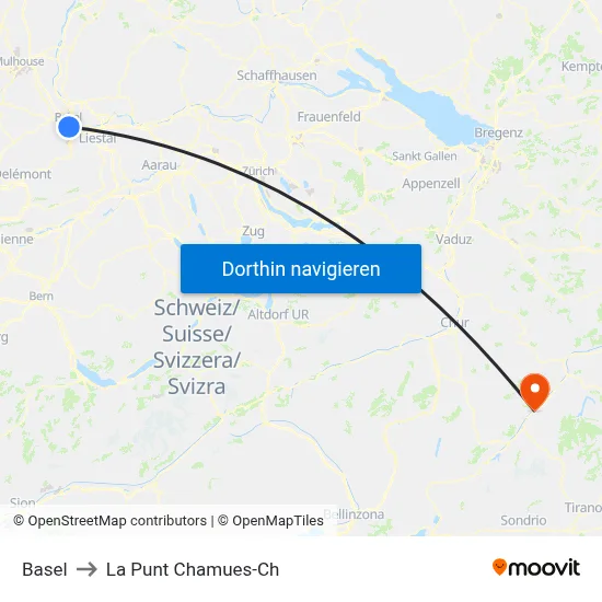 Basel to La Punt Chamues-Ch map