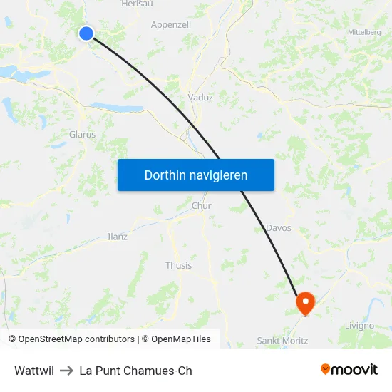 Wattwil to La Punt Chamues-Ch map