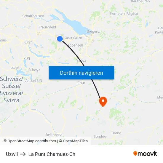 Uzwil to La Punt Chamues-Ch map