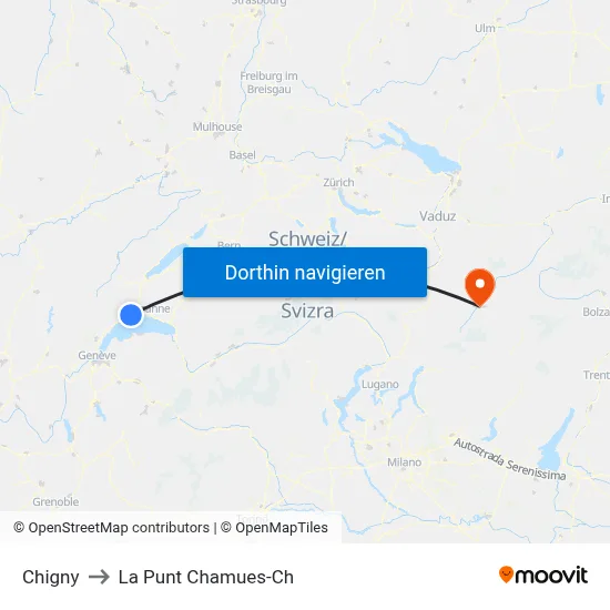 Chigny to La Punt Chamues-Ch map