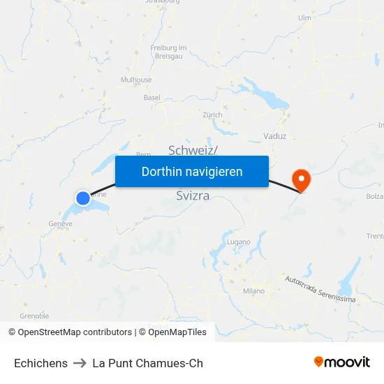Echichens to La Punt Chamues-Ch map