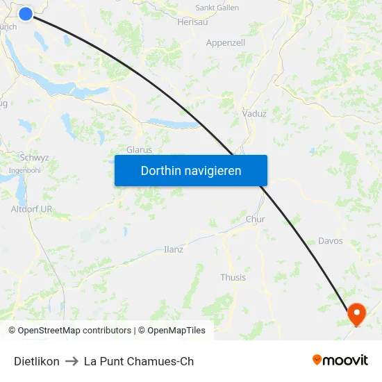 Dietlikon to La Punt Chamues-Ch map