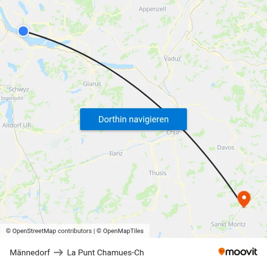 Männedorf to La Punt Chamues-Ch map