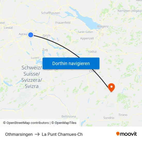 Othmarsingen to La Punt Chamues-Ch map