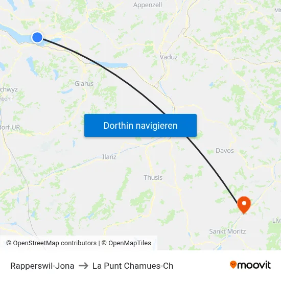 Rapperswil-Jona to La Punt Chamues-Ch map