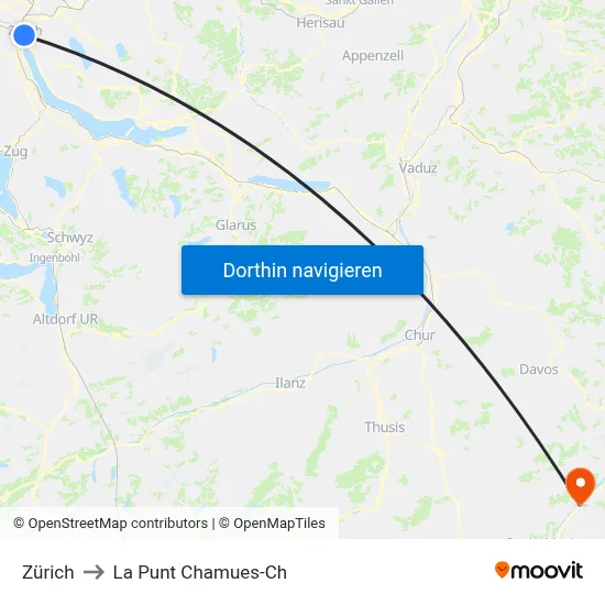 Zürich to La Punt Chamues-Ch map
