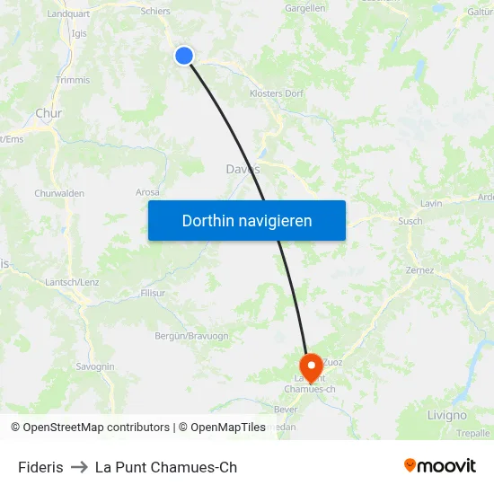Fideris to La Punt Chamues-Ch map