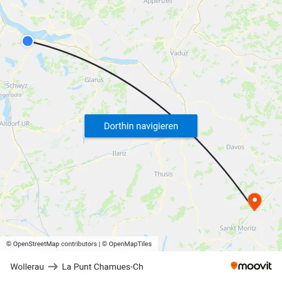 Wollerau to La Punt Chamues-Ch map