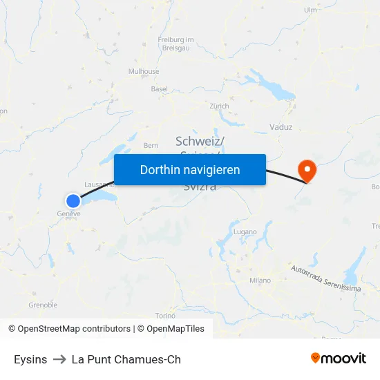 Eysins to La Punt Chamues-Ch map