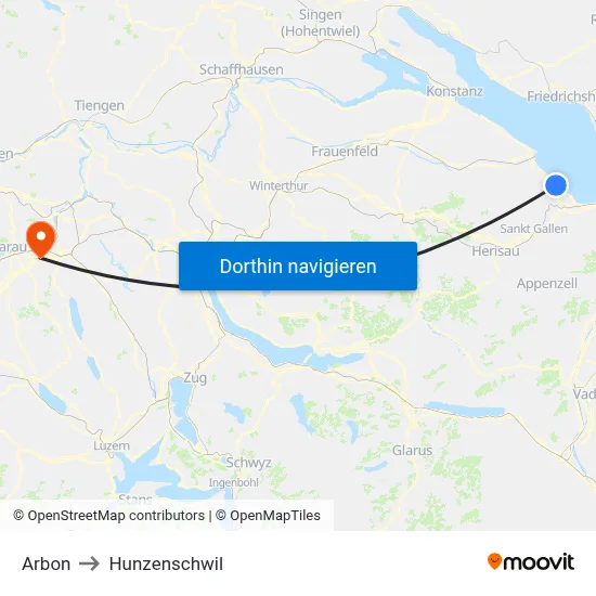 Arbon to Hunzenschwil map