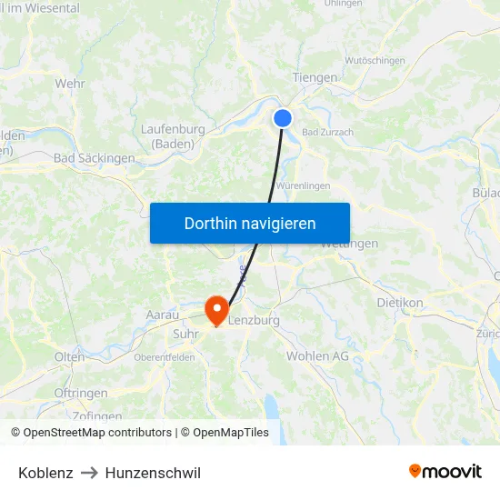 Koblenz to Hunzenschwil map