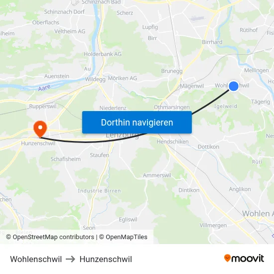 Wohlenschwil to Hunzenschwil map