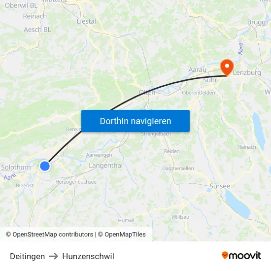 Deitingen to Hunzenschwil map