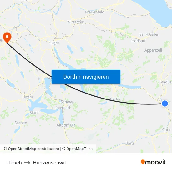 Fläsch to Hunzenschwil map