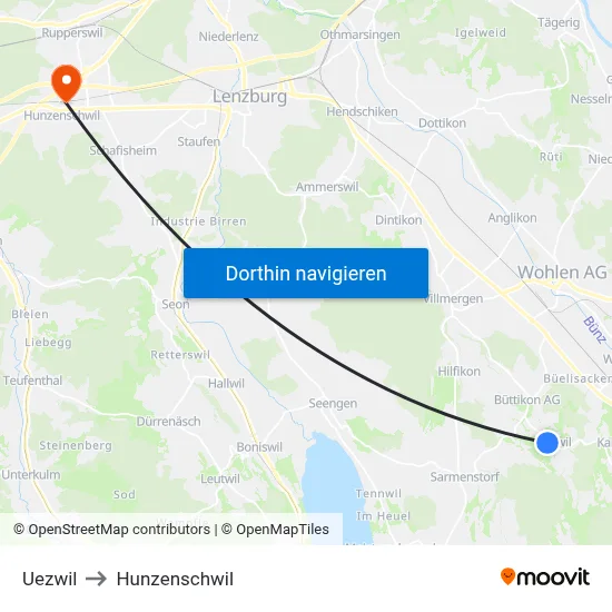 Uezwil to Hunzenschwil map