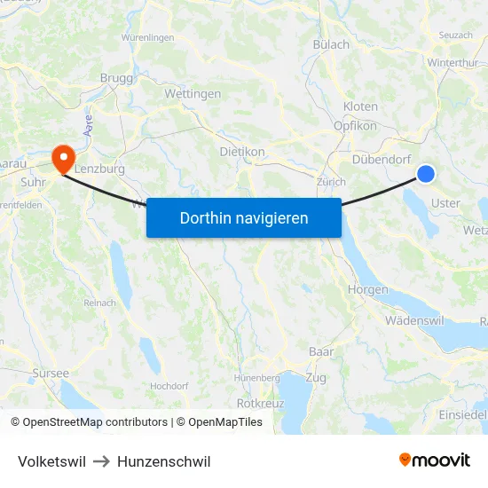 Volketswil to Hunzenschwil map