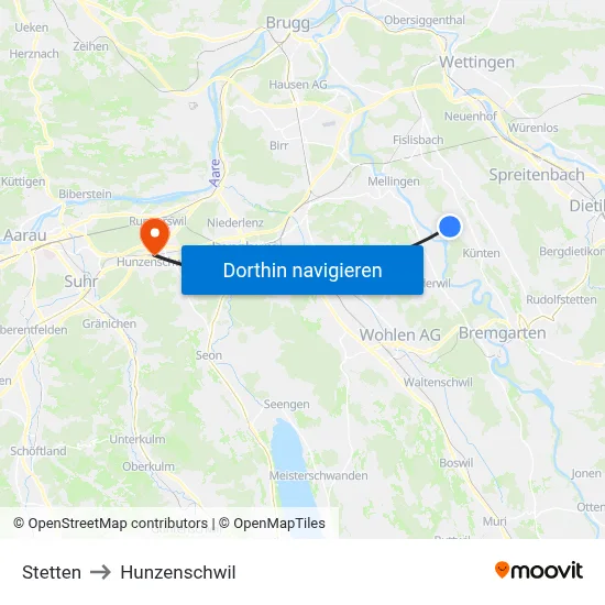 Stetten to Hunzenschwil map