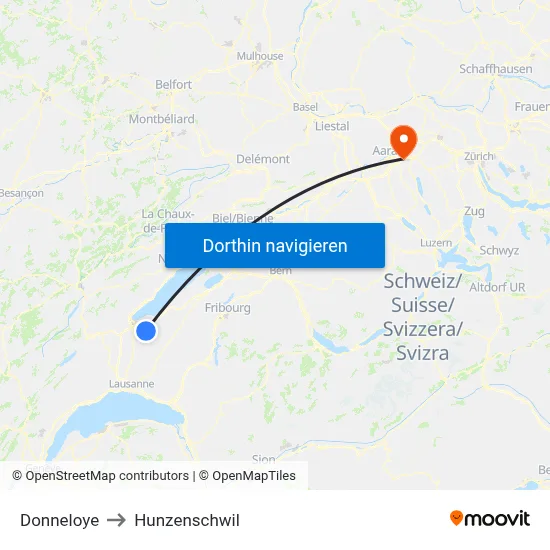 Donneloye to Hunzenschwil map