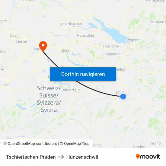 Tschiertschen-Praden to Hunzenschwil map