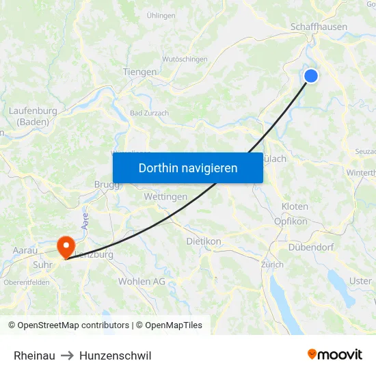 Rheinau to Hunzenschwil map