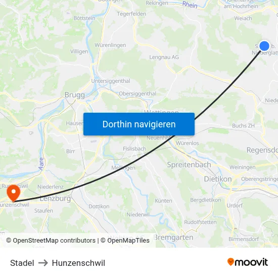 Stadel to Hunzenschwil map