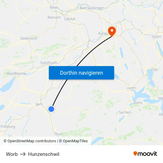 Worb to Hunzenschwil map