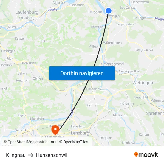 Klingnau to Hunzenschwil map