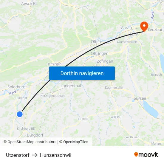 Utzenstorf to Hunzenschwil map