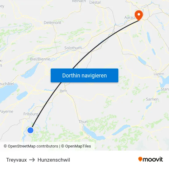 Treyvaux to Hunzenschwil map