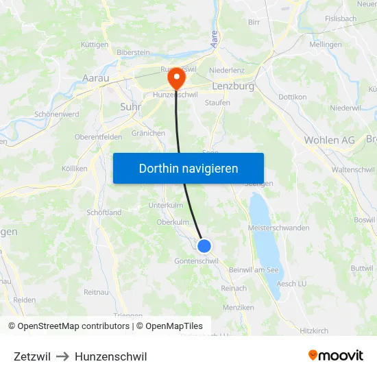Zetzwil to Hunzenschwil map