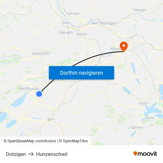 Dotzigen to Hunzenschwil map