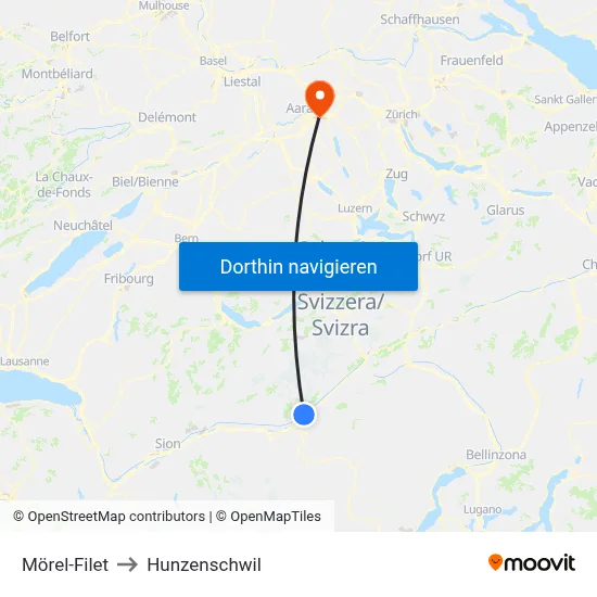 Mörel-Filet to Hunzenschwil map