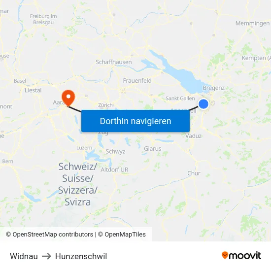 Widnau to Hunzenschwil map