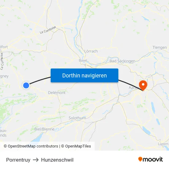 Porrentruy to Hunzenschwil map