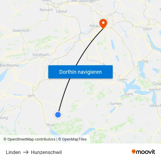 Linden to Hunzenschwil map