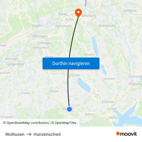 Wolhusen to Hunzenschwil map