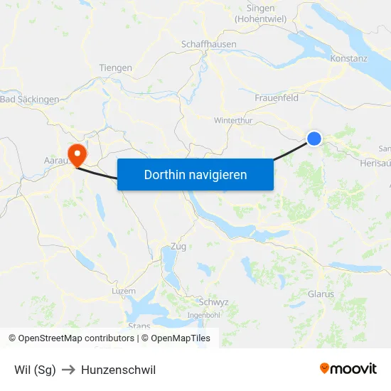 Wil (Sg) to Hunzenschwil map
