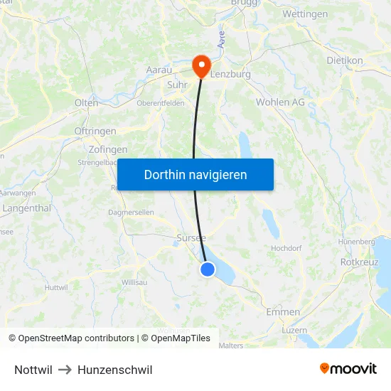 Nottwil to Hunzenschwil map