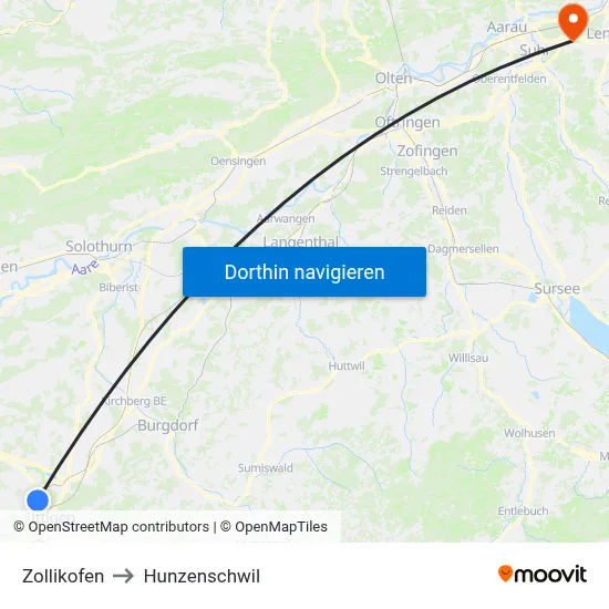 Zollikofen to Hunzenschwil map