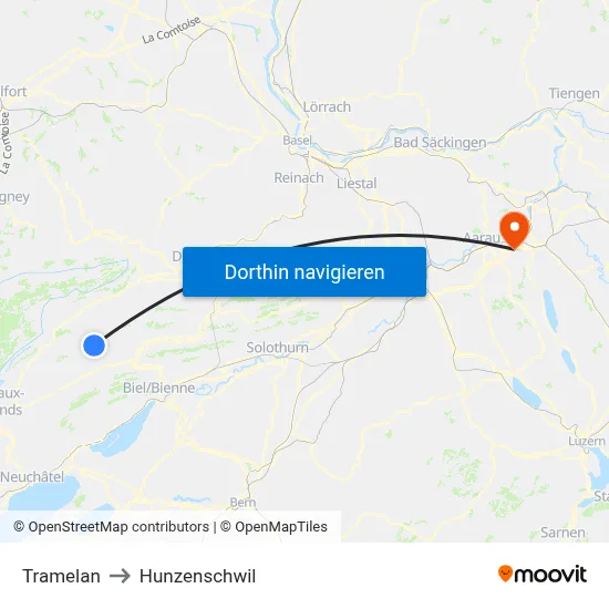 Tramelan to Hunzenschwil map