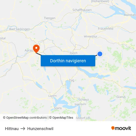 Hittnau to Hunzenschwil map