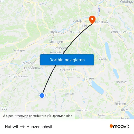 Huttwil to Hunzenschwil map