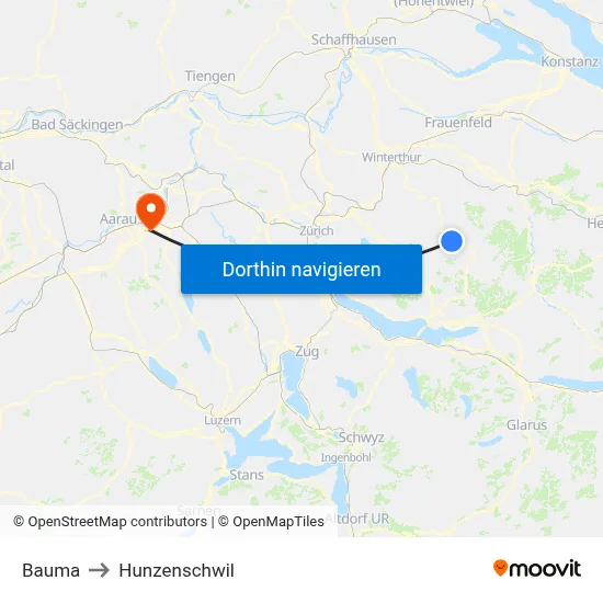 Bauma to Hunzenschwil map