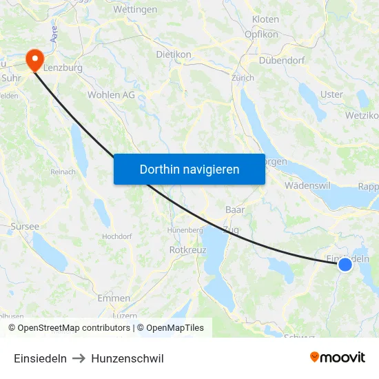 Einsiedeln to Hunzenschwil map