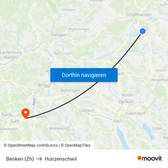 Benken (Zh) to Hunzenschwil map